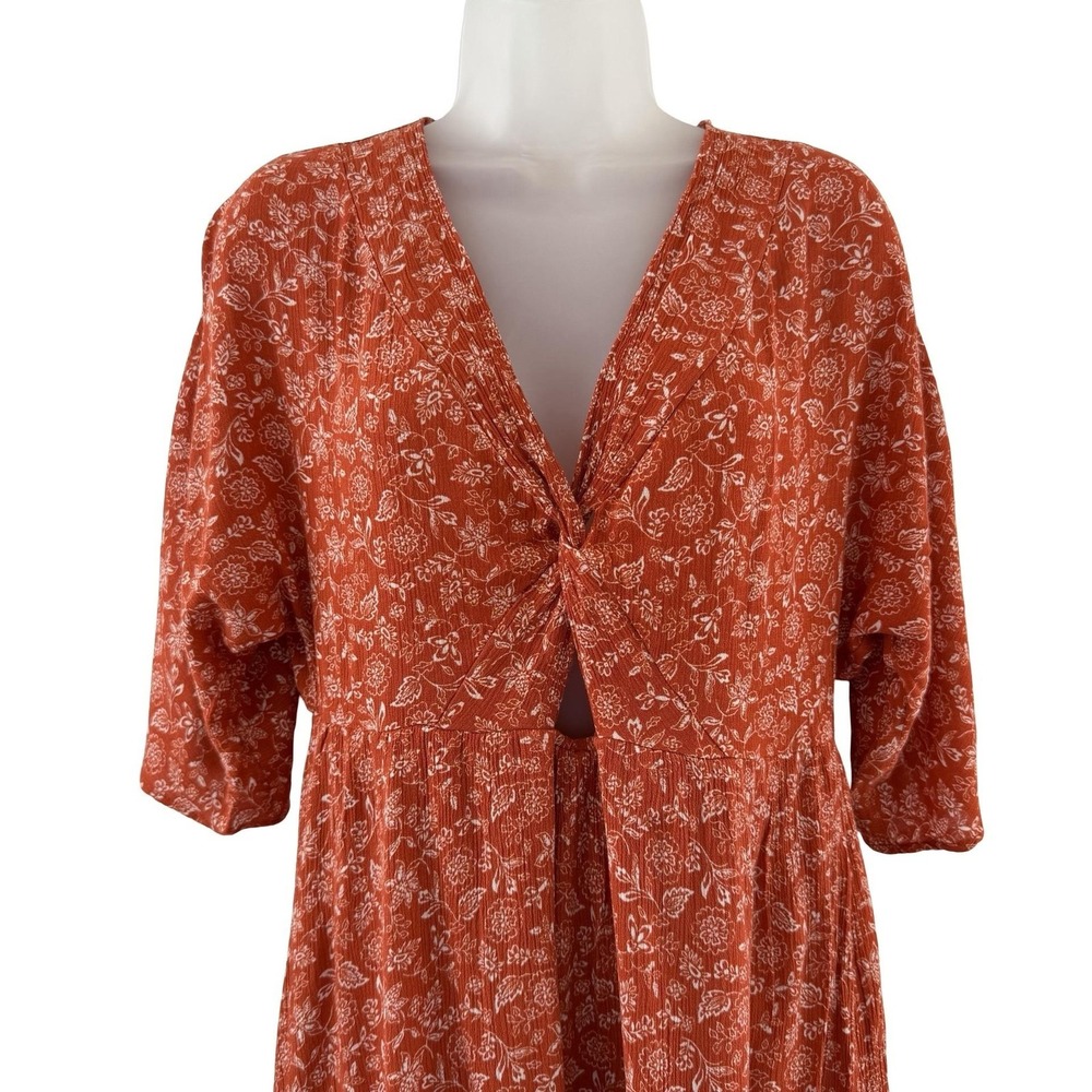 Peach Love California Dress Womens Large Orange Floral Boho Twist Front Cutout